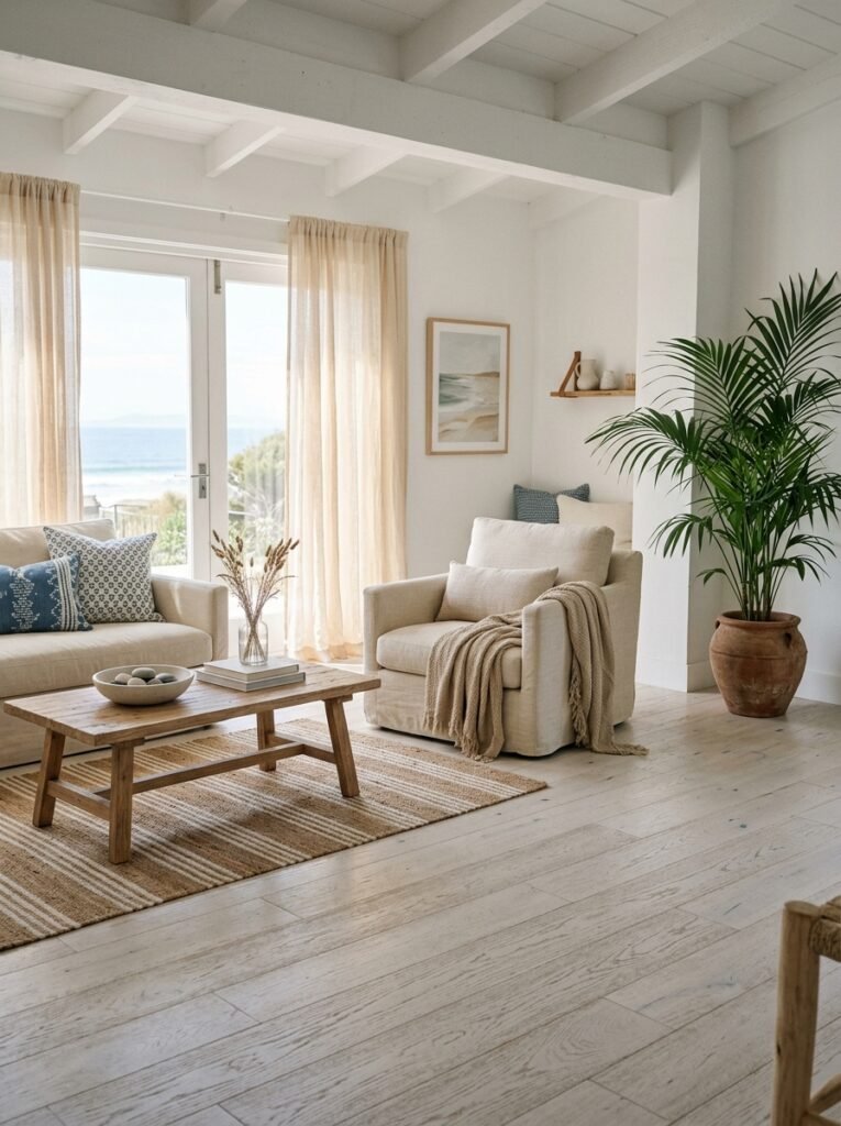 coastal living room with whitewashed wood floors