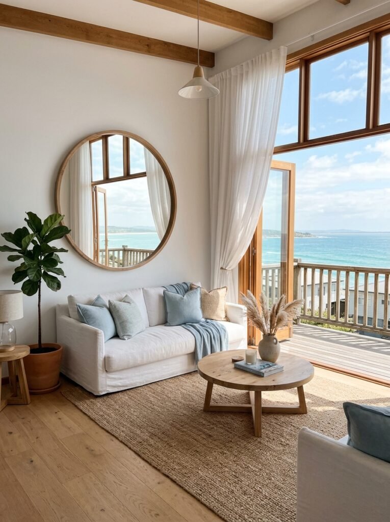 sunlit coastal living room with a large mirror and sheer curtains