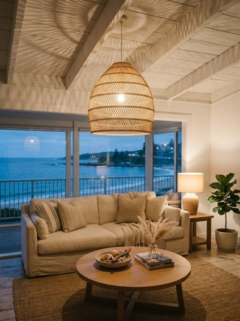 woven rattan pendant light in a coastal living room