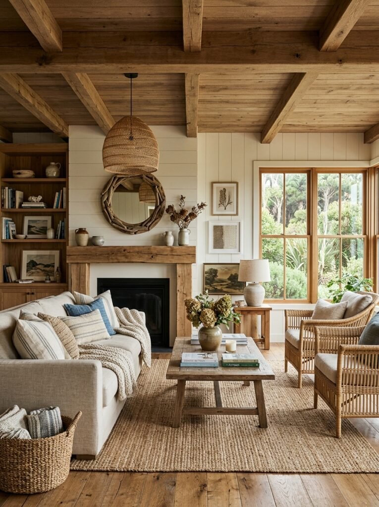 coastal living room with wood accents 