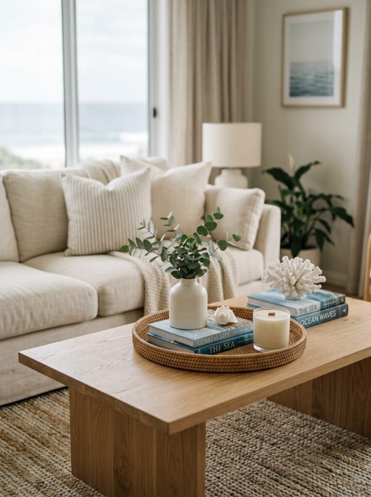 coastal coffee table styled with a woven tray and books