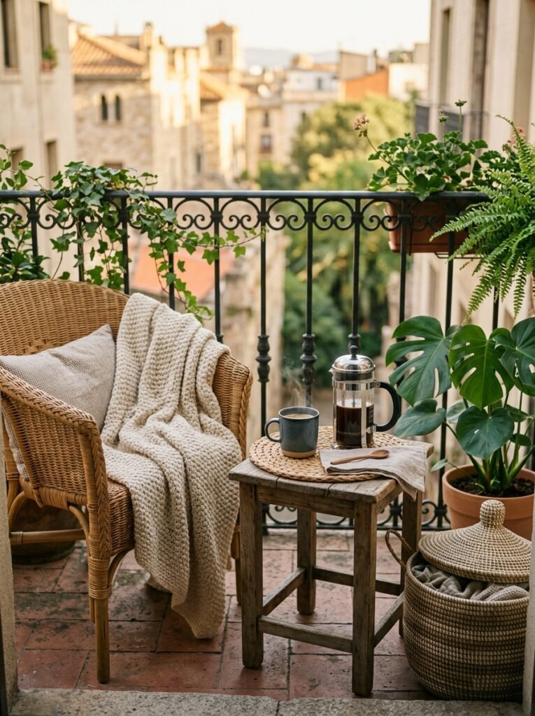 morning coffee corner on a cozy balcony