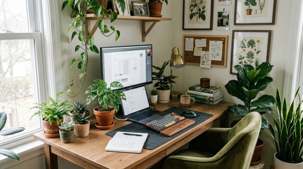 15 Aesthetic Desk Setup Ideas For a Stylish Office cozy botanical home office setup 202605201736