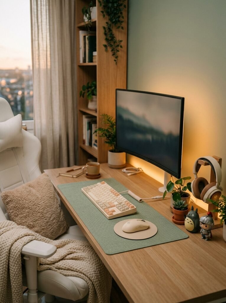 cozy gaming desk setup with pastel keyboard and warm backlight