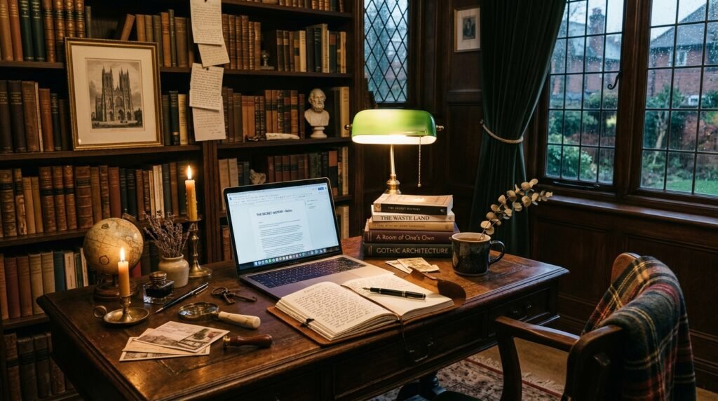 15 Aesthetic Desk Setup Ideas For a Stylish Office dark academia desk setup 202605201745