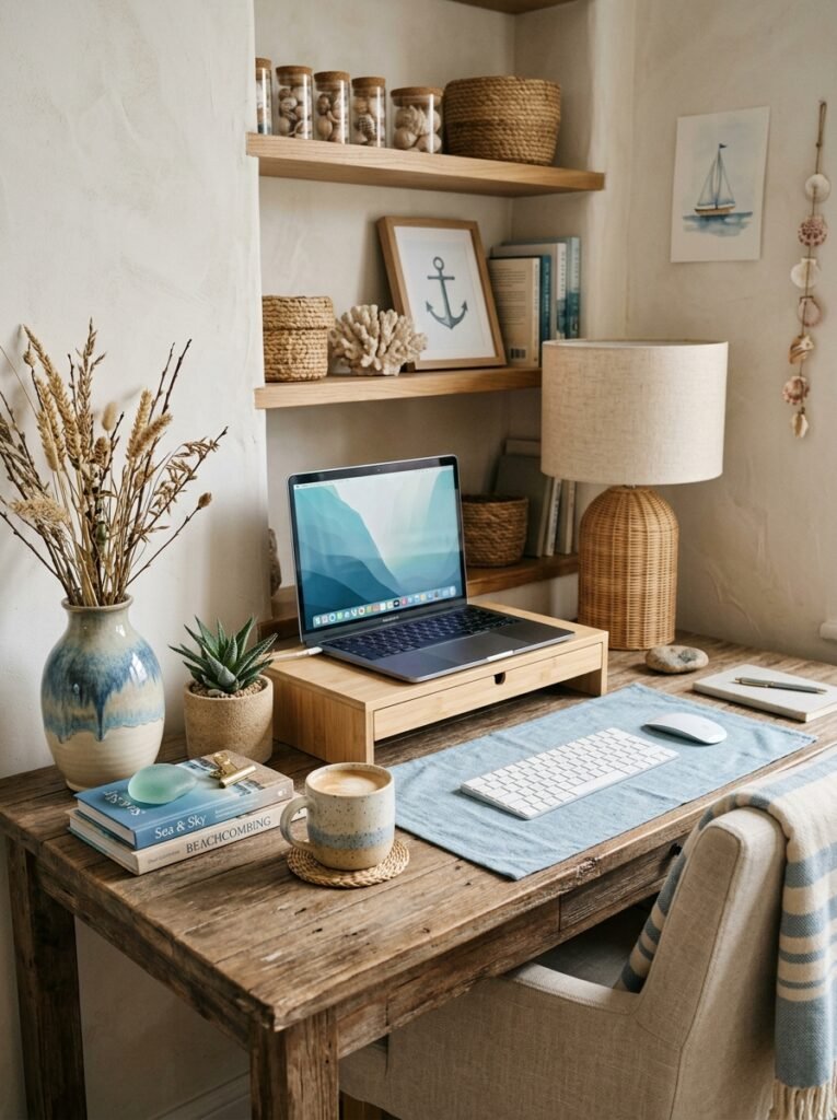 15 Aesthetic Desk Setup Ideas For a Stylish Office coastal style desk setup