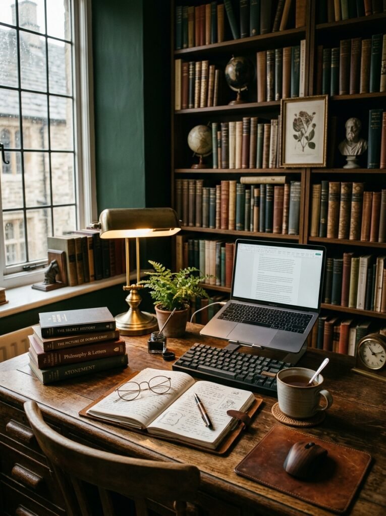 15 Aesthetic Desk Setup Ideas For a Stylish Office dark academia desk setup