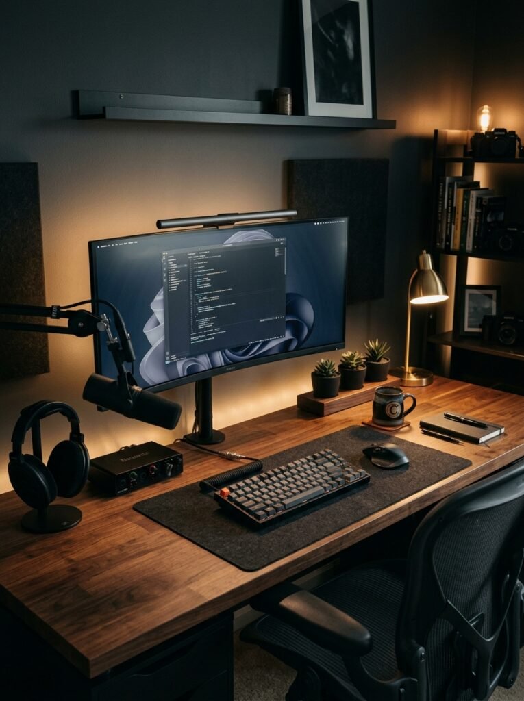 15 Aesthetic Desk Setup Ideas For a Stylish Office dark aesthetic desk setup