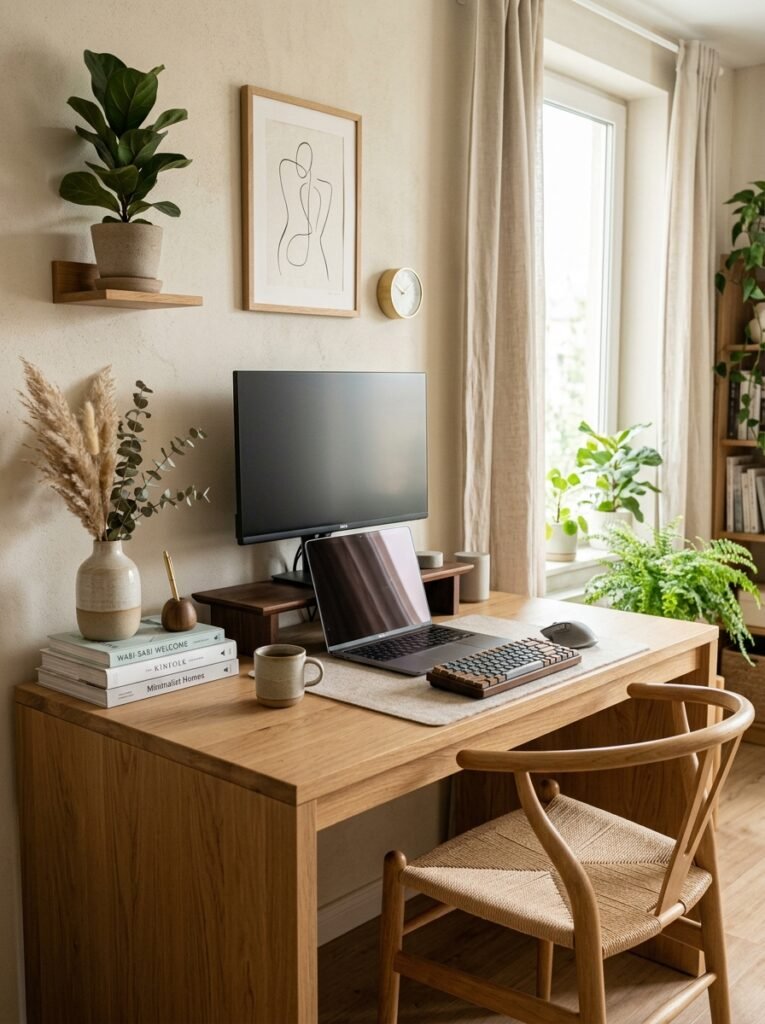 japandi style desk setup with a light oak desk and beige desk mat
