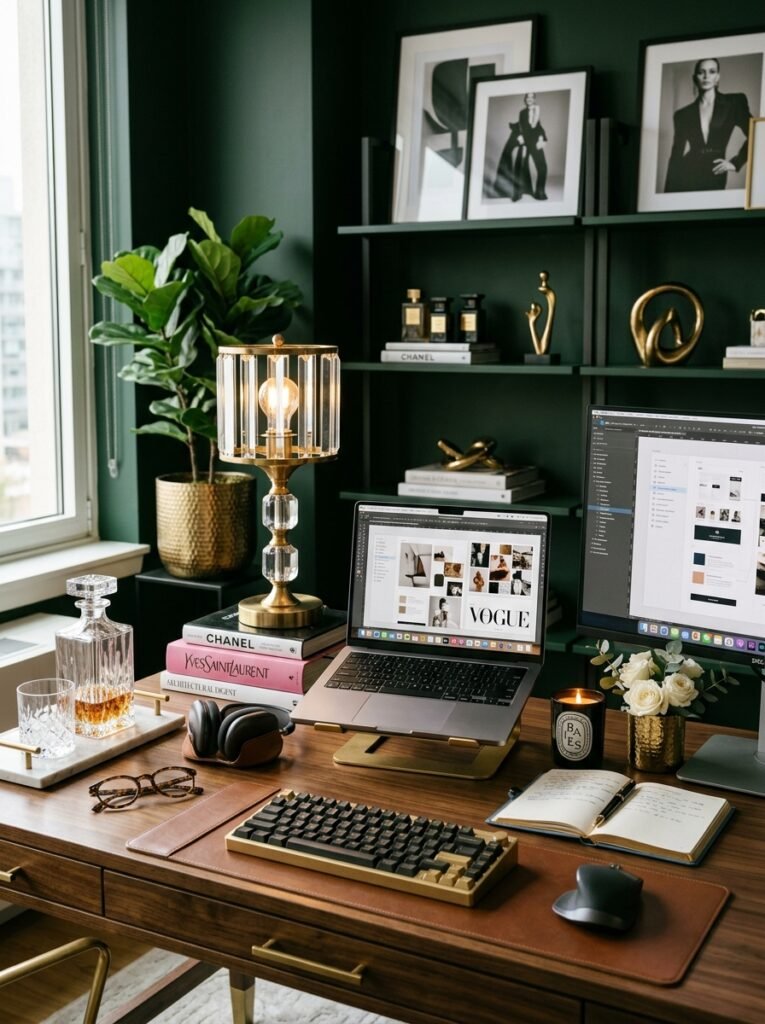 15 Aesthetic Desk Setup Ideas For a Stylish Office desk setup with luxury glam details