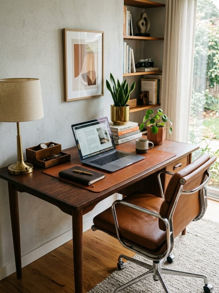 15 Aesthetic Desk Setup Ideas For a Stylish Office mid century modern desk setup