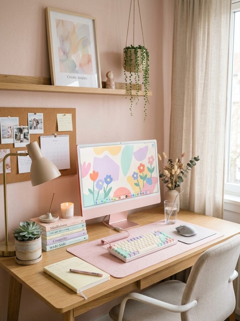 15 Aesthetic Desk Setup Ideas For a Stylish Office pastel style desk setup