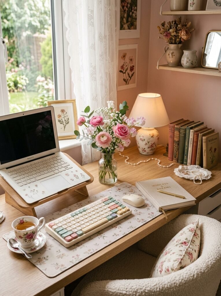 15 Aesthetic Desk Setup Ideas For a Stylish Office desk setup with floral accents
