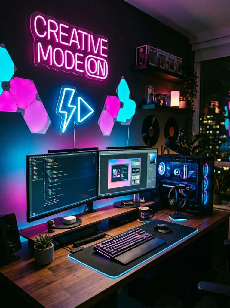 15 Aesthetic Desk Setup Ideas For a Stylish Office neon style desk setup