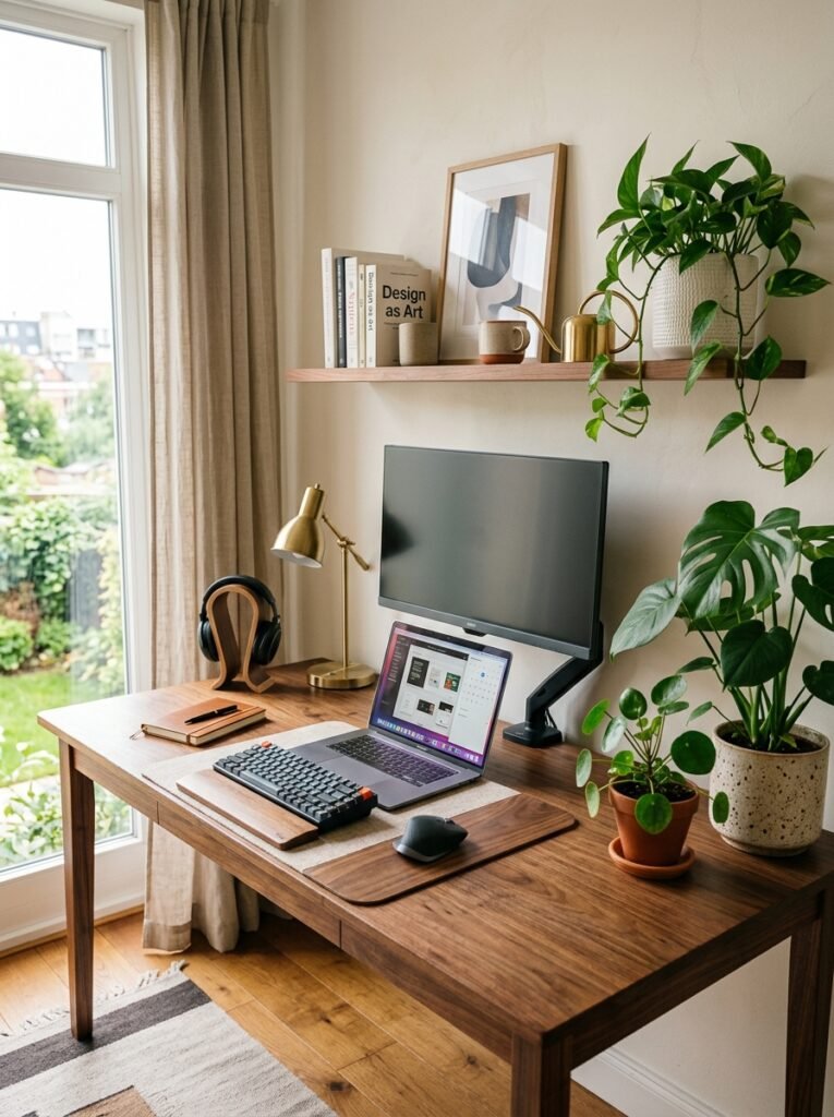 15 Aesthetic Desk Setup Ideas For a Stylish Office desk setup with potted plants