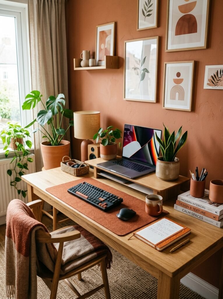 15 Aesthetic Desk Setup Ideas For a Stylish Office desk setup with terracota tones