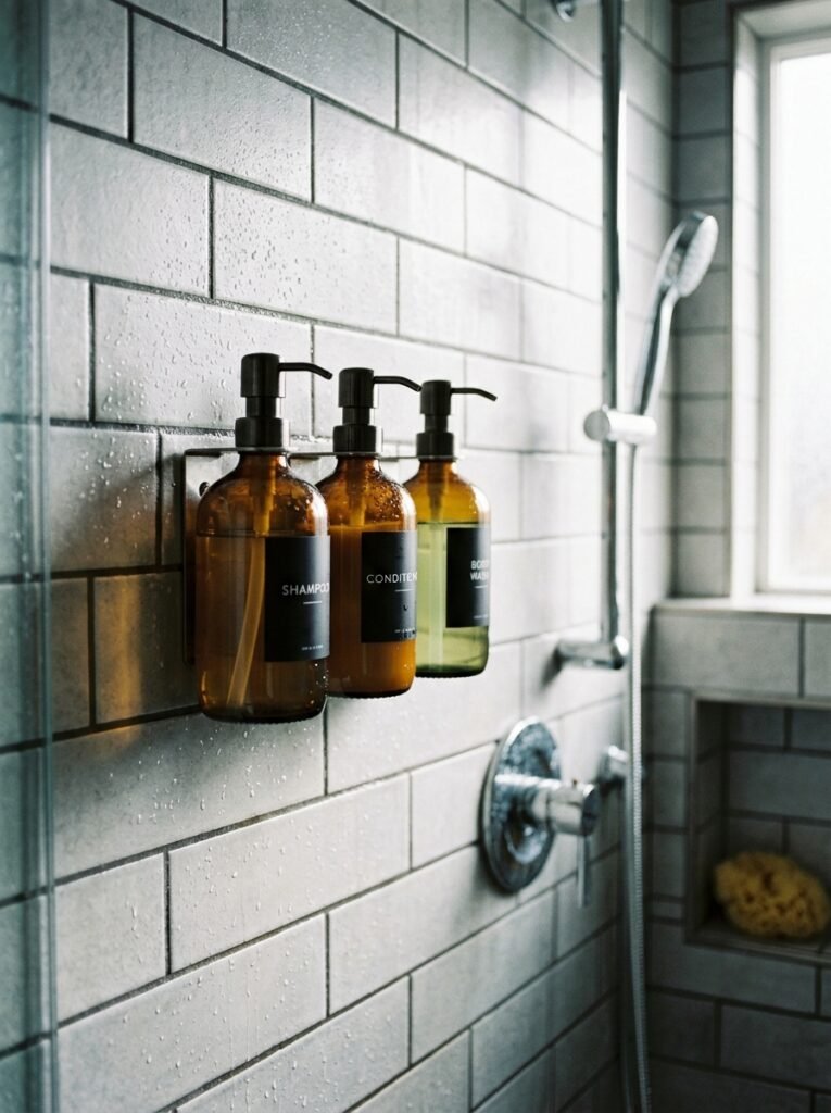 9 Shower Storage Ideas To Keep Your Shower Neat & Organized wall mounted dispensers inside shower