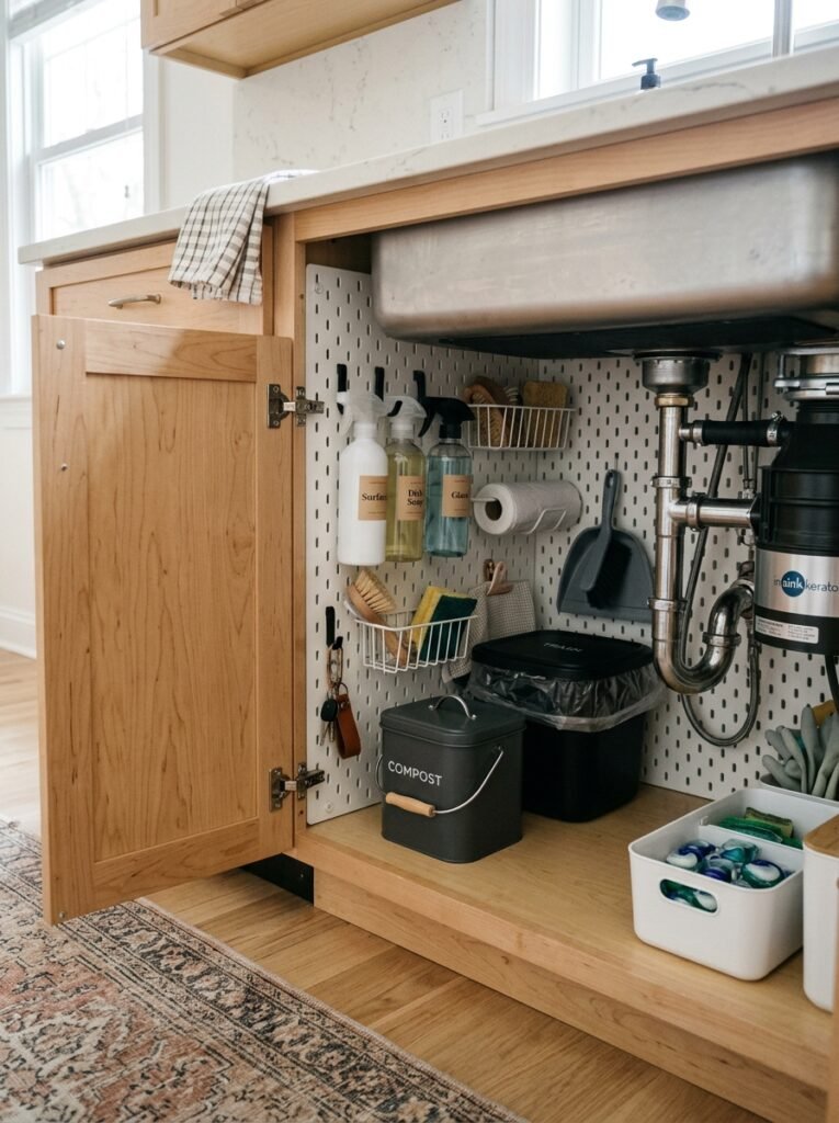 pegboard walls inside under sink cabinet