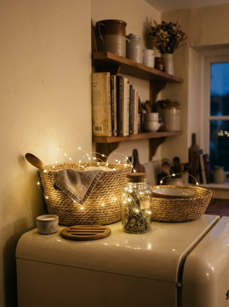 Warm fairy lights draped over baskets on top of a fridge for a cozy evening glow