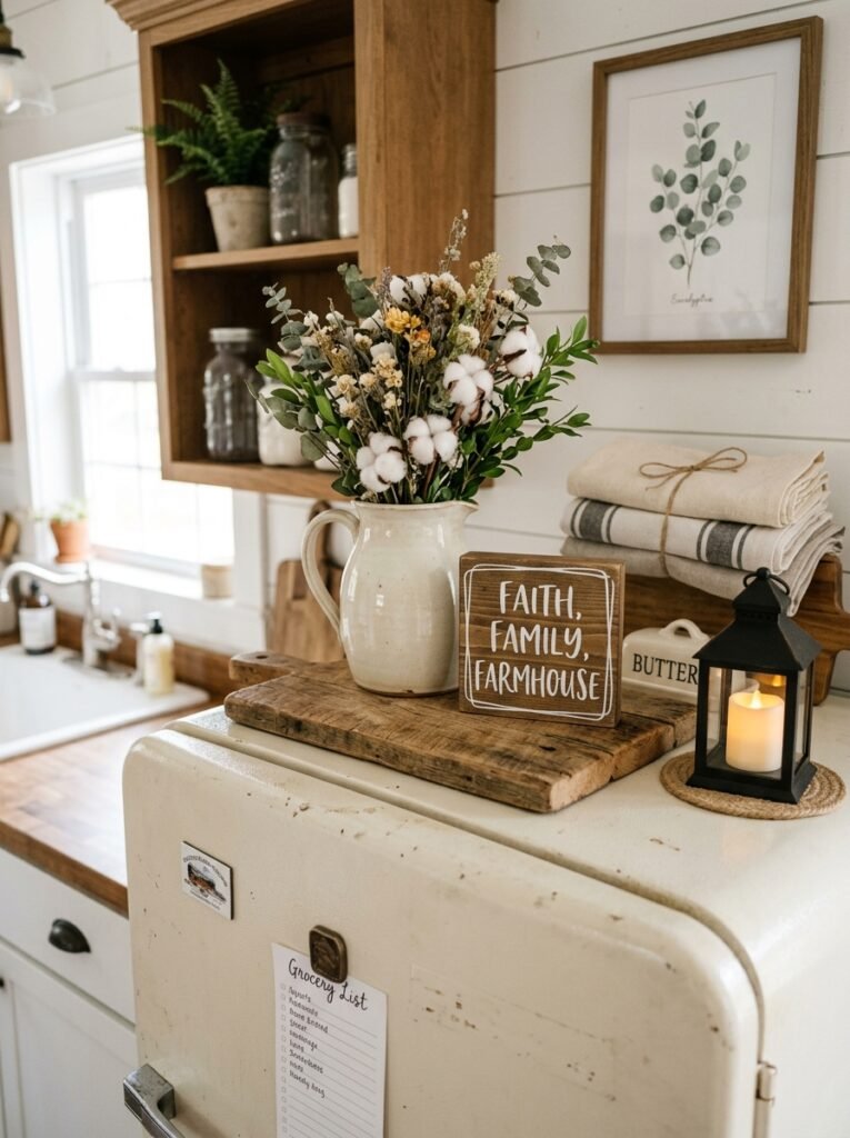 farmhouse style top of fridge decor
