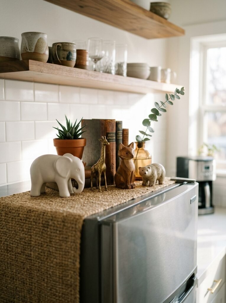 animal figurines on top of a fridge