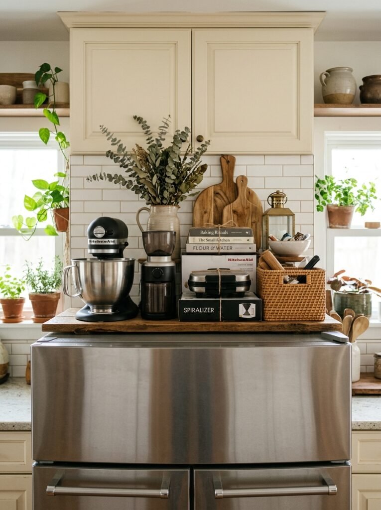 kitchen appliances on top of a fridge
