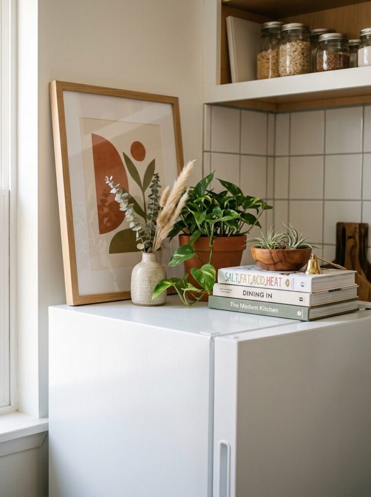 framed artwork on top of a fridge