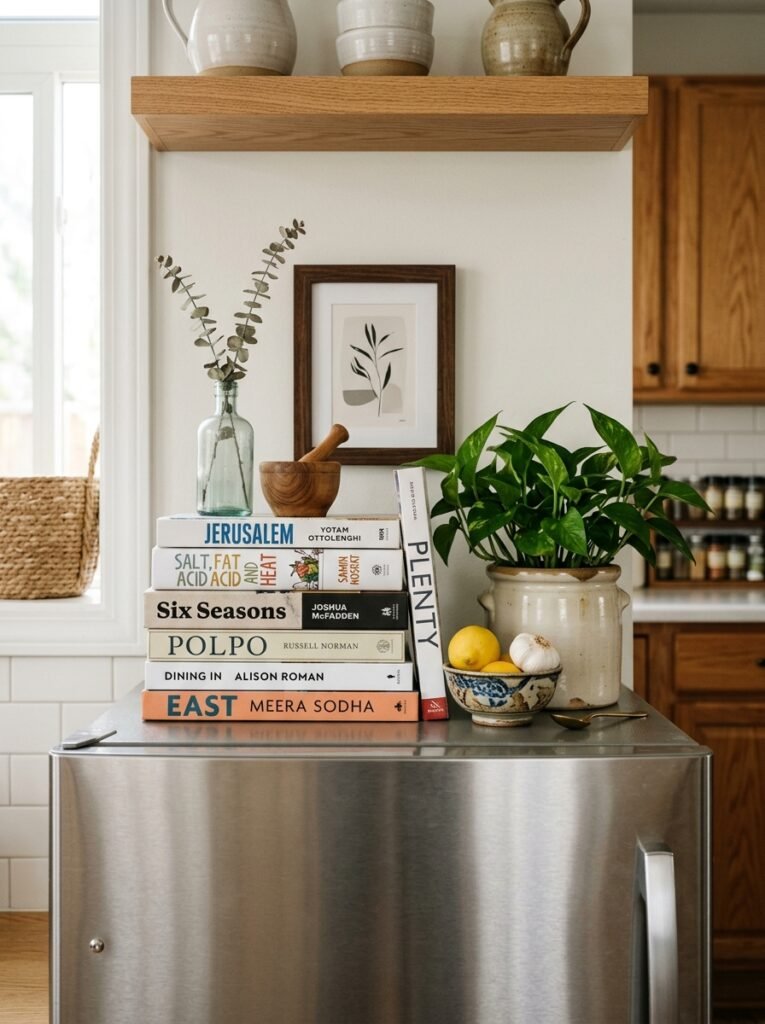 cookbooks on top of a fridge