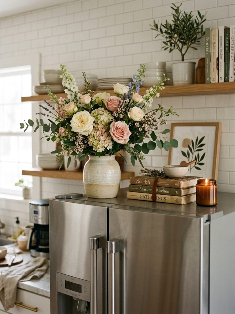 floral arrangements on top of a fridge