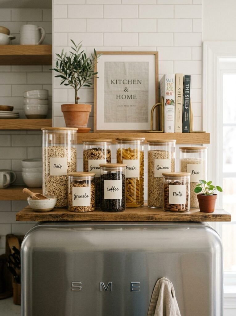 dry goods on top of a fridge