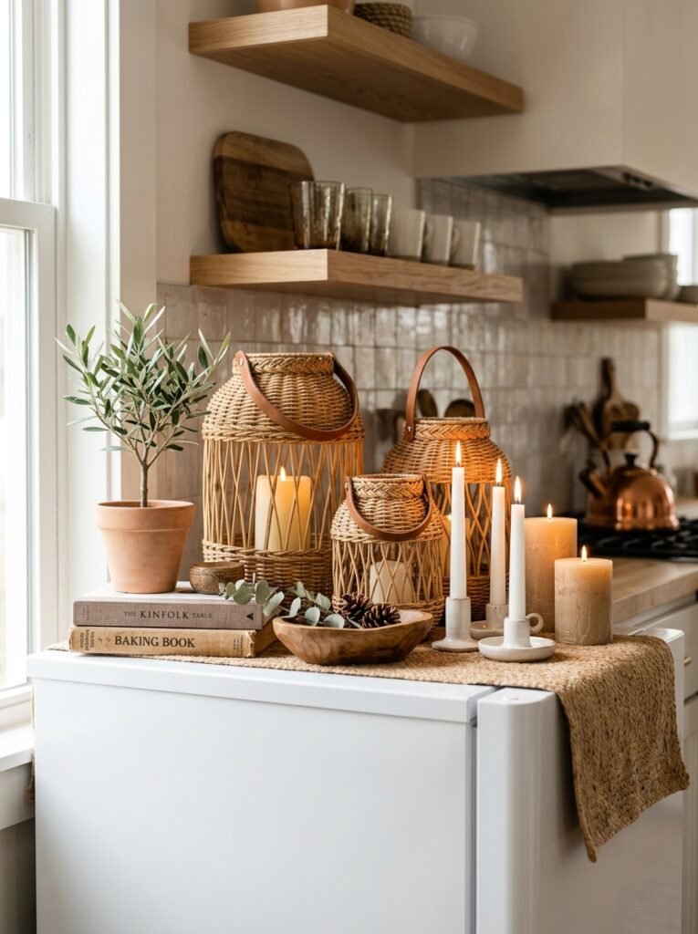 lanterns and candles on top of a fridge