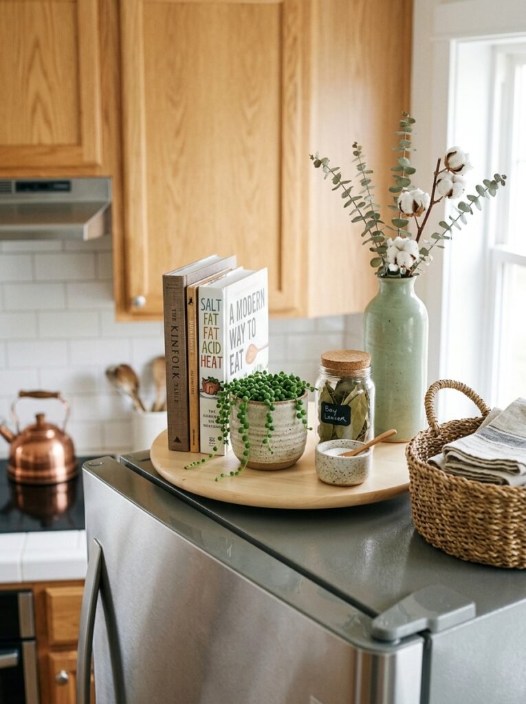 lazy susan on top of a fridge