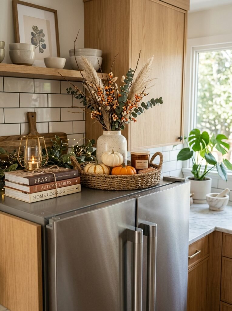 17 Clever Top of Fridge Decor Ideas For a Tidy Kitchen fridge decor with seasonal decor 202606132010