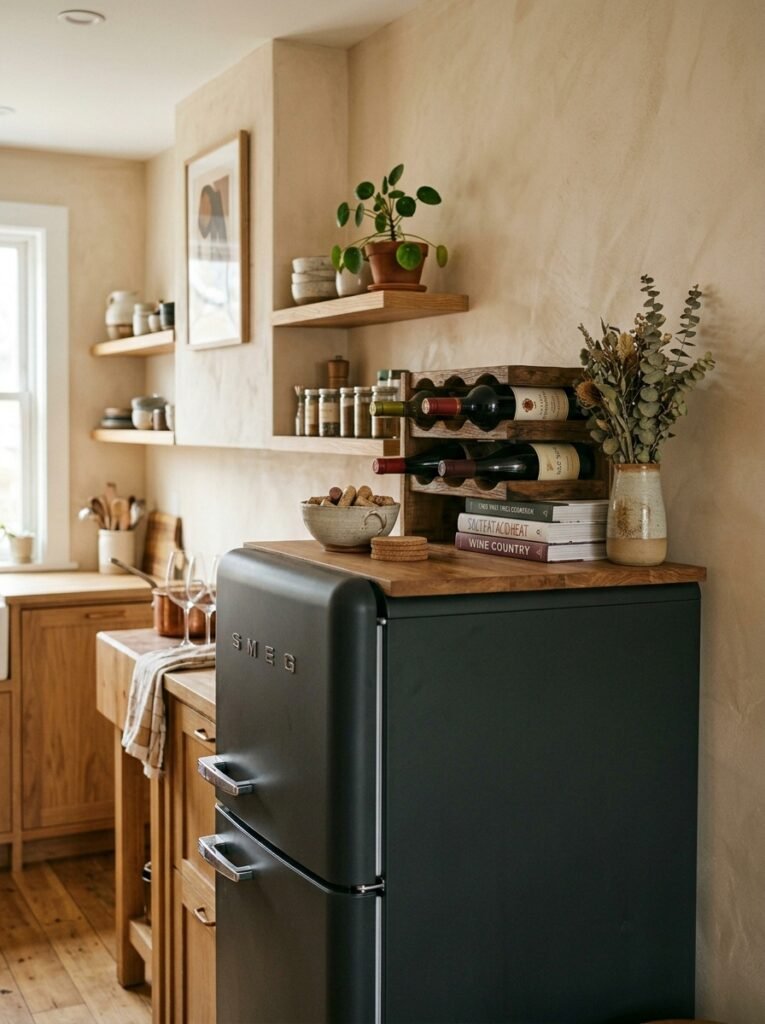 wine rack on top of a fridge