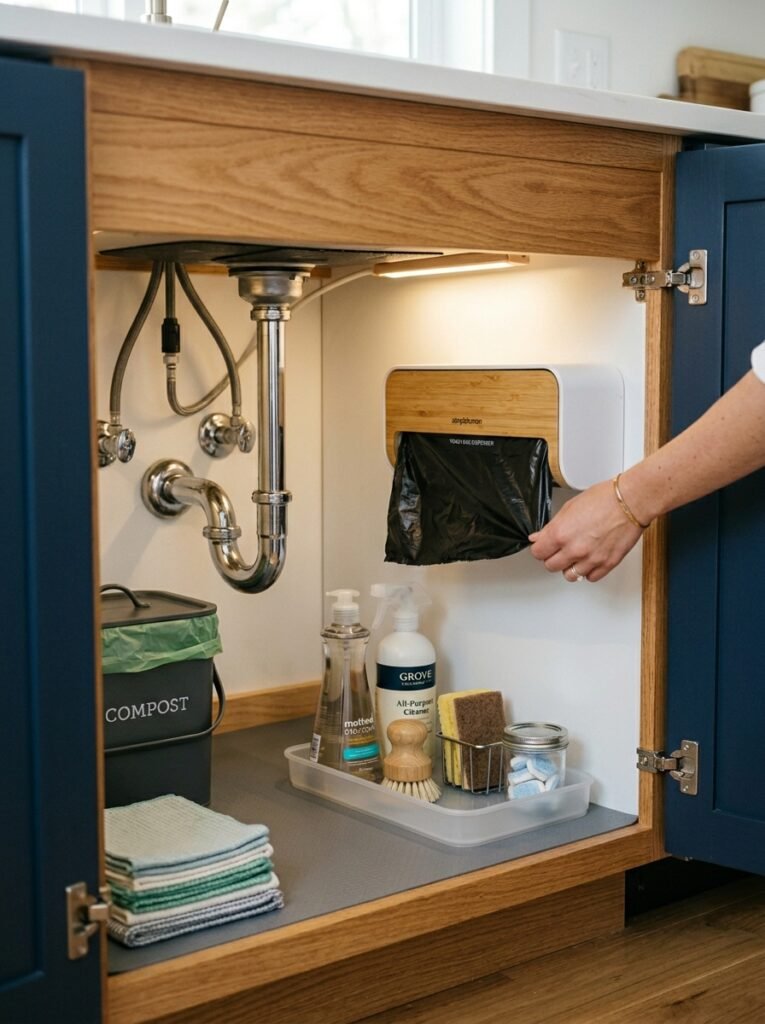 garbage bag dispenser inside under sink cabinet