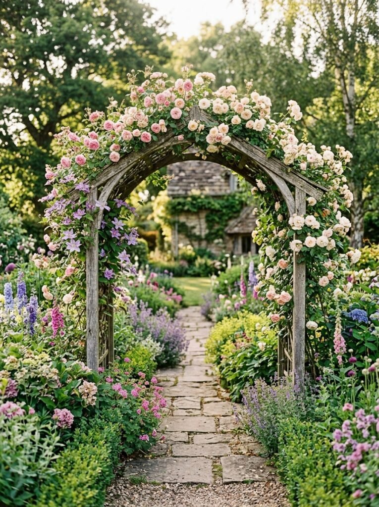 garden layout with arched trellis pathway