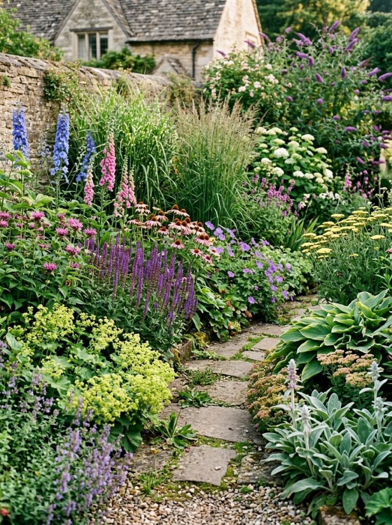 garden layout with mixed plants and textures 