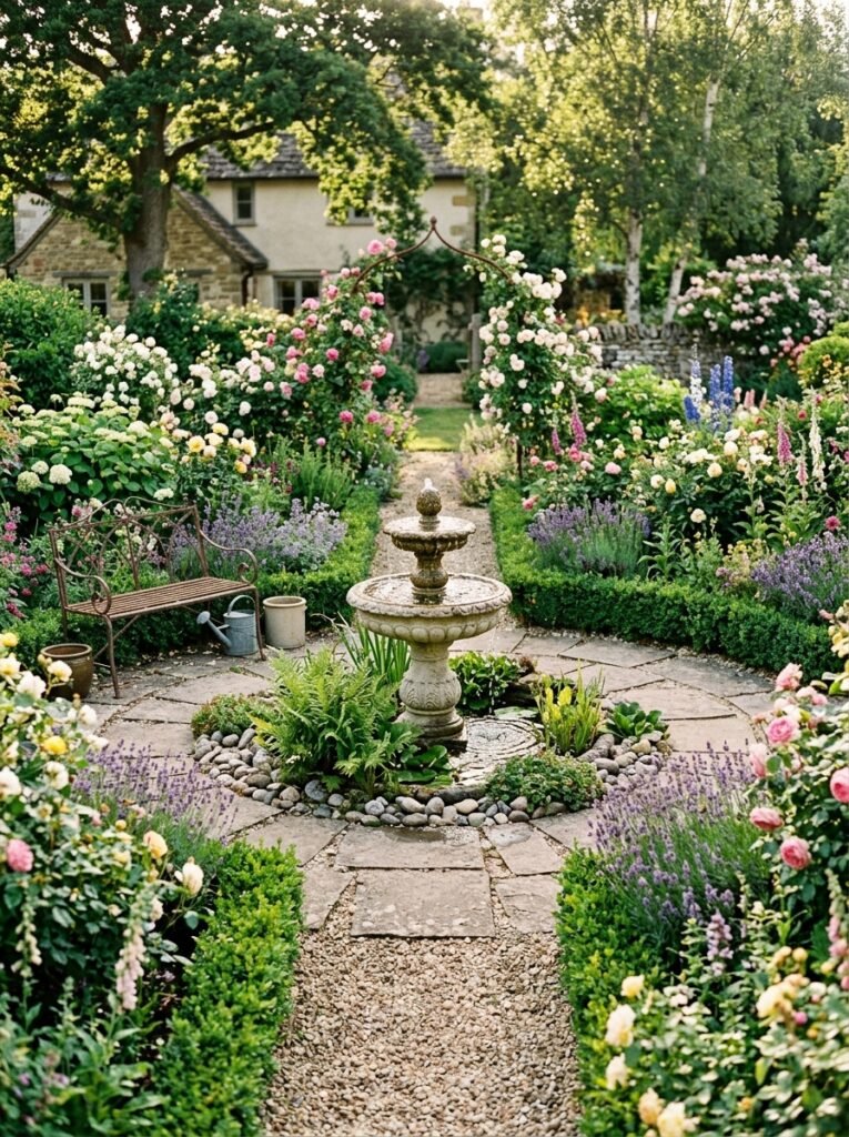 garden layout with mini fountain 
