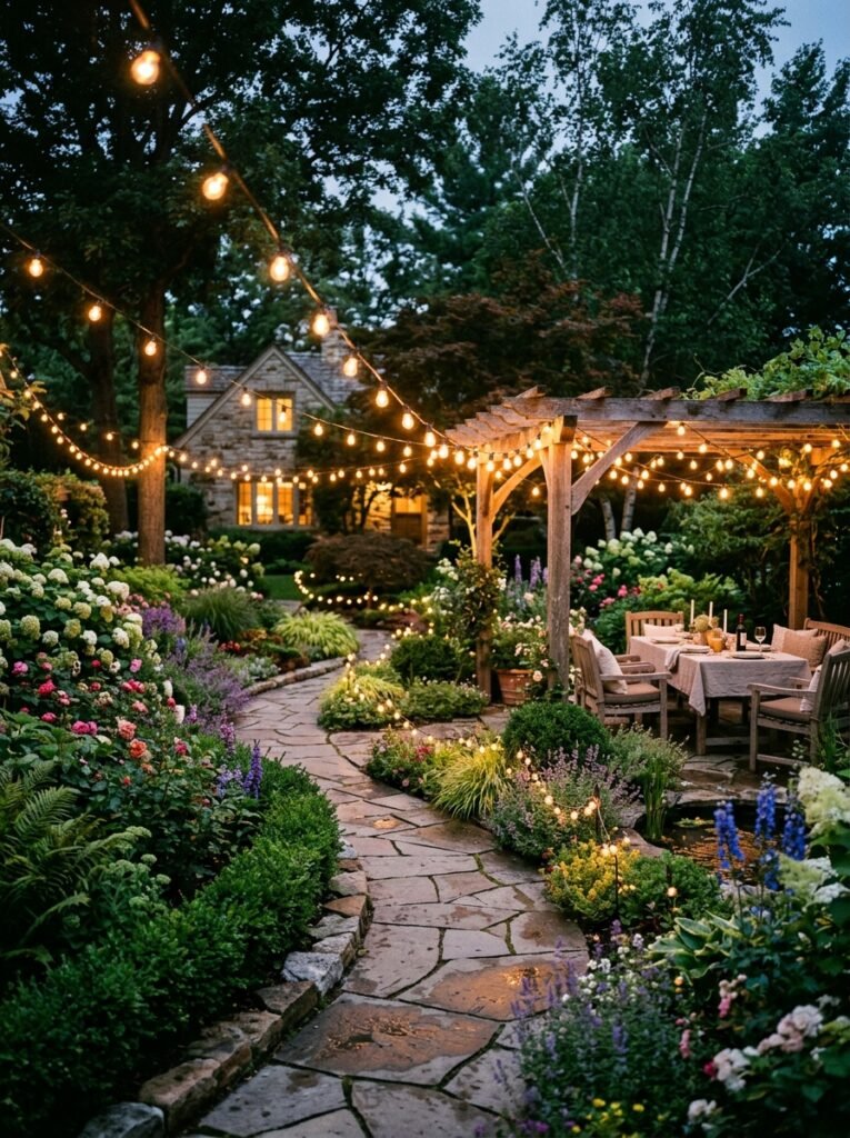 garden layout with string lights 