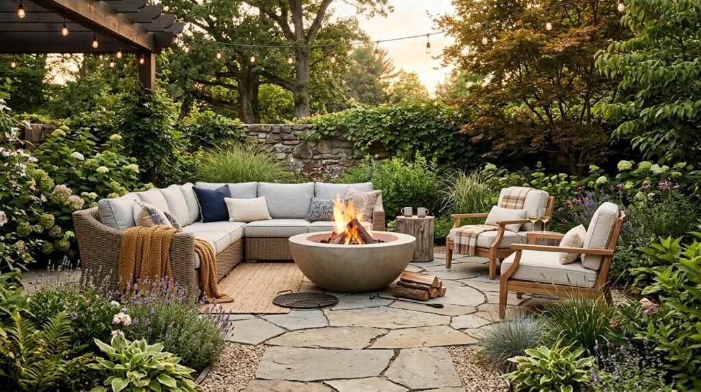 garden seating area fire pit 202605281336