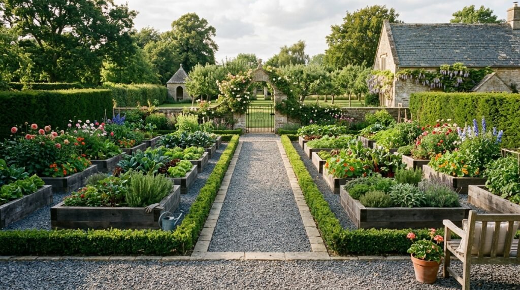 garden with symmetrical raised beds 202605281336