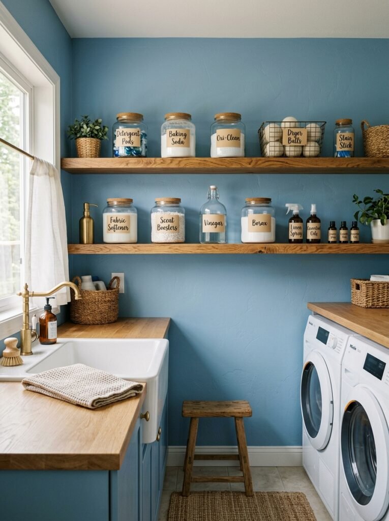 14 Smart Laundry Room Organization Ideas That Actually Work glass containers on shelves in a laundry room