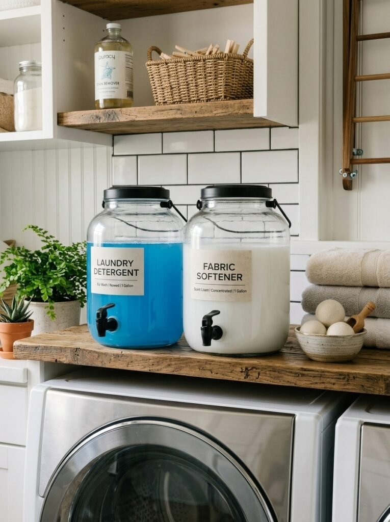 14 Smart Laundry Room Organization Ideas That Actually Work glass dispensers on laundry room countertops