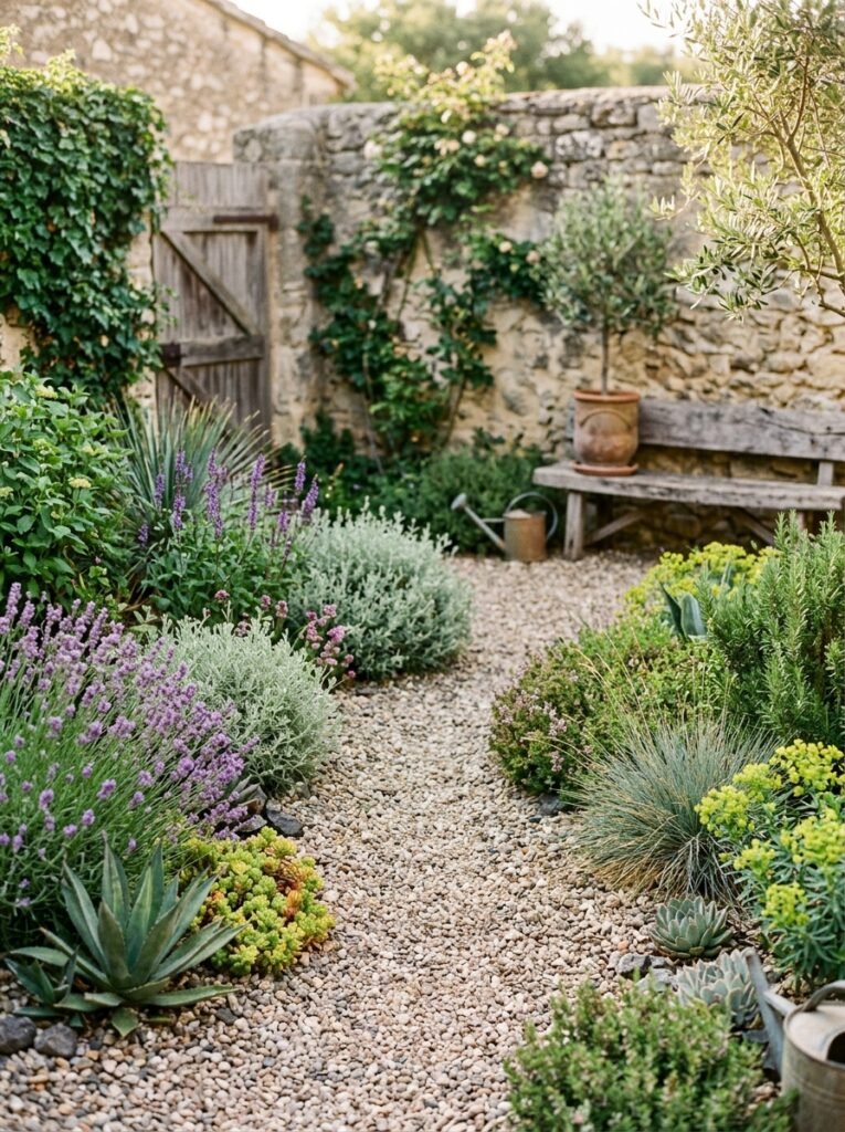 gravel garden with drought friendly plants