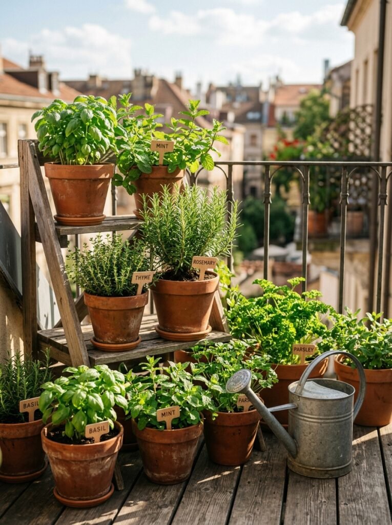 balcony herb garden in terracotta pots