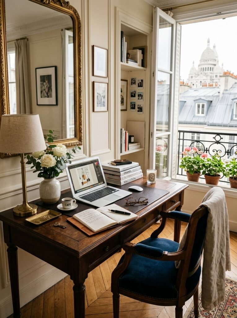 parisian chic desk setup with gold mirror and pink roses
