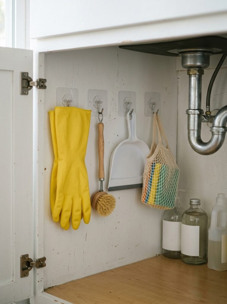 adhesive hooks holding gloves and brushes under the sink