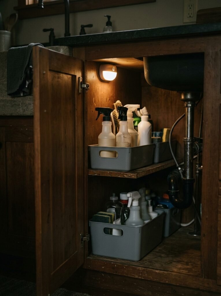 motion sensor light inside an under sink cabinet