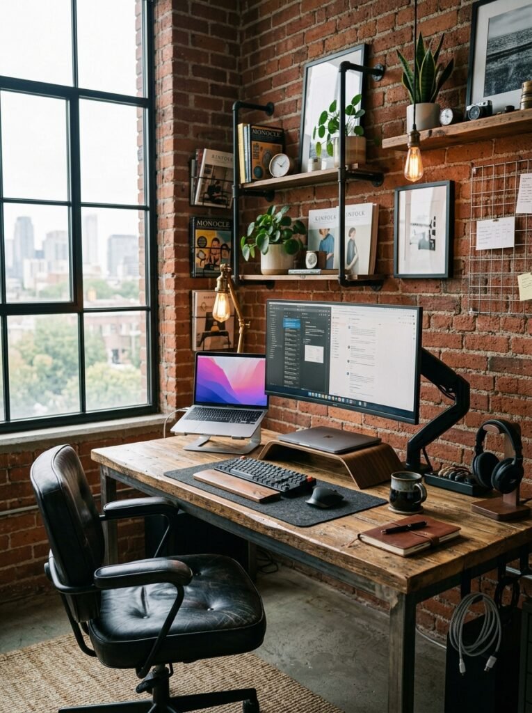 15 Aesthetic Desk Setup Ideas For a Stylish Office industrial loft desk setup home 202606272309