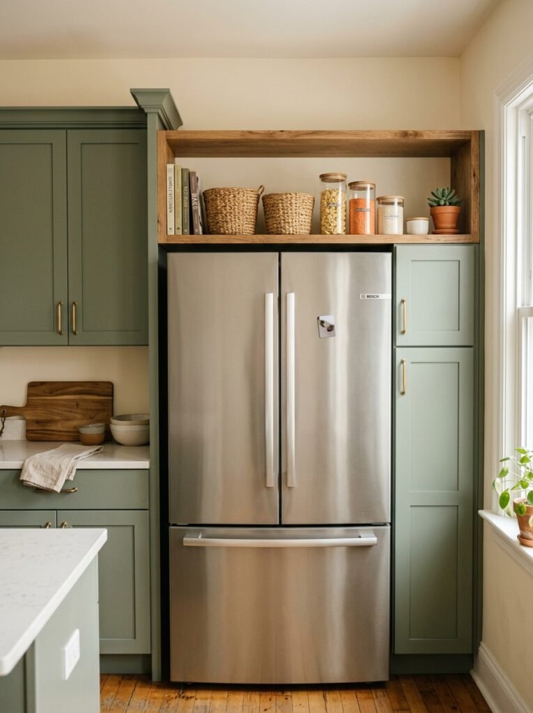 Open wooden shelf above a stainless steel fridge styled with baskets, jars and cookbooks